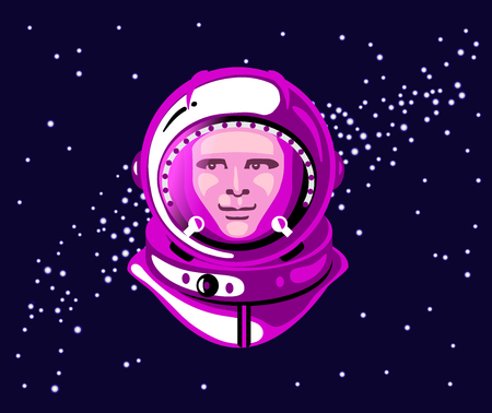 vector illustration poster to a day aviation and cosmonautics with a cosmic space, stars, cosmonaut head in helmetのイラスト素材