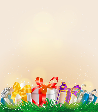 vector illustration with presents and fir with light effects on light backdropのイラスト素材