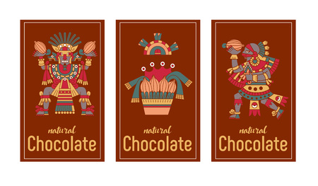 vector illustration sketch drawing aztec cacao bean, leaves, nibs, pattern for chocolate package design on brown, red, green, grey, yellow colors in white backgroundのイラスト素材