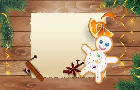 vector illustration christmas and new year poster with ginger bread, fir tree, golden ribbons, orange, spices on wooden backdropのイラスト素材