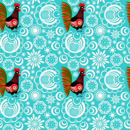 vector illustration seamless rooster pattern in cartoon style with snowflakes on blue backdropのイラスト素材