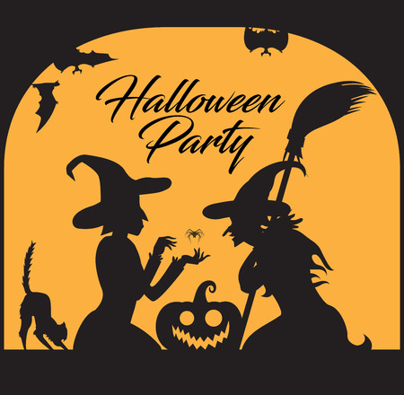vector illustration halloween holiday banner with text,witch silhuette on orange backdropのイラスト素材