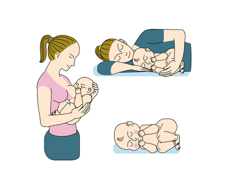 vector illustration young mother keeps a child which sucks breast, mother and child sleeps, a baby sleeping isolatedのイラスト素材