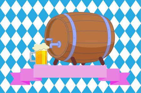 vector illustration oktoberfest cartoon style poster with mug of beer,ribbon, barrel on flag backgroundのイラスト素材