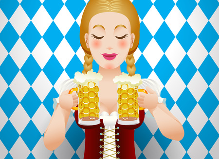 vector illustration oktoberfest festival poster with a blonde girl keeps two mugs of beer on blue and white a flag backgroundのイラスト素材