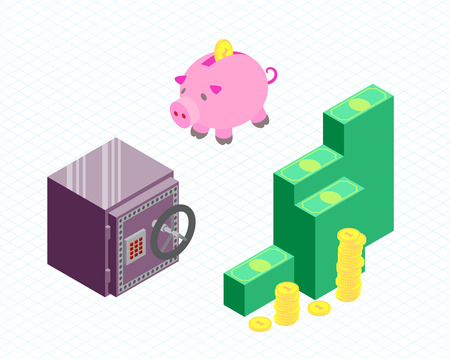 vector illustration isometric style bank  icon collection on green backdropのイラスト素材