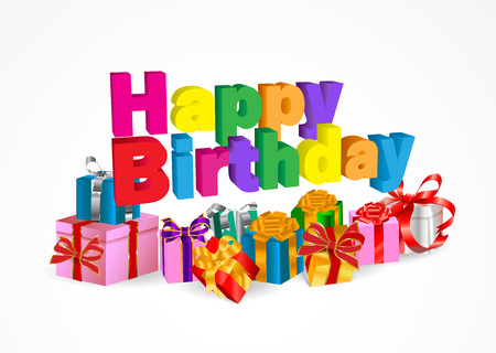 vector illustration birthday greeting poster with colorful types, present boxes isolatedのイラスト素材