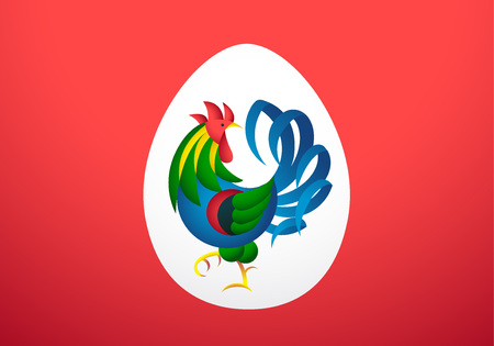 vector illustration flat style rooster symbol on egg shape frame on red backdropのイラスト素材