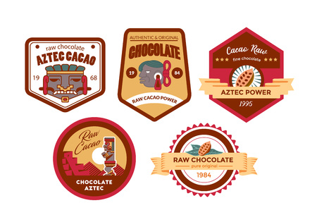 vector illustration sketch drawing aztec cacao bean, leaves, nibs, pattern for chocolate package design on brown, red, green, grey, yellow colors in white backgroundのイラスト素材