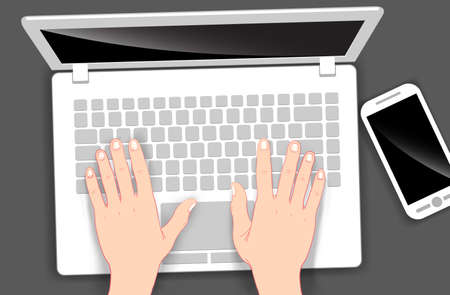 vector illustration cartoon style laptop and human hands on a keyboardのイラスト素材