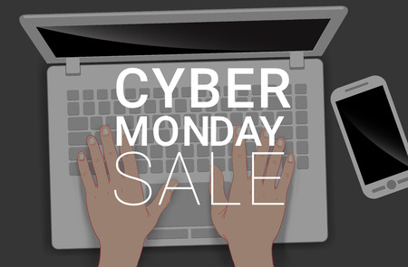 vector illustration holiday sale poster with advertisement text, human hands, phone and laptop keyboardのイラスト素材