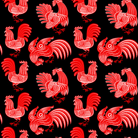 vector illustration seamless pattern with rooster silhouetteのイラスト素材