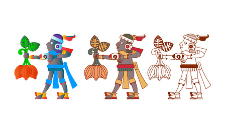 Vector illustration aztec cacao pattern for chocolate package design on brown, red, green, grey, yellow colors in white backdrop.のイラスト素材