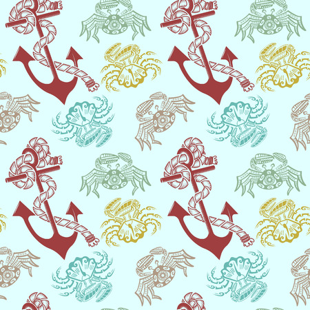 Vector illustration summer seamless pattern with cancers and anchor on blue backdrop.のイラスト素材