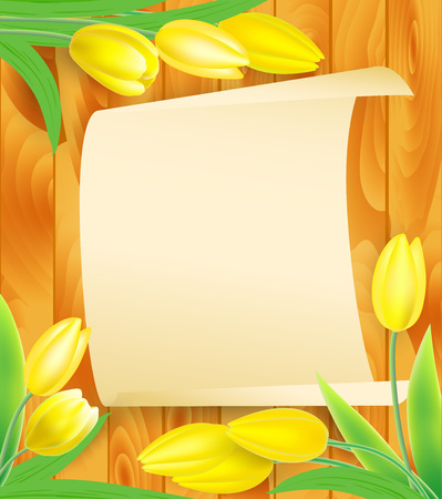 Vector illustration Easter banner with yellow tulips and the blank paper sheet on wooden background.のイラスト素材