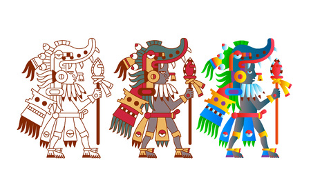 Vector illustration aztec cacao pattern for chocolate package design on brown, red, green, grey, yellow colors in white backdrop.のイラスト素材