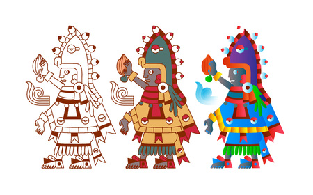 Vector illustration aztec cacao pattern for chocolate package design on brown, red, green, grey, yellow colors in white backdrop.のイラスト素材