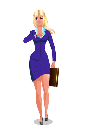 Vector illustration cartoon business woman character in blue suite with bag in her hand.のイラスト素材