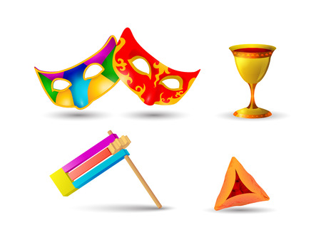 Vector illustration collection to jewish holiday Purim with masks, cookies, golden cup isolated.のイラスト素材