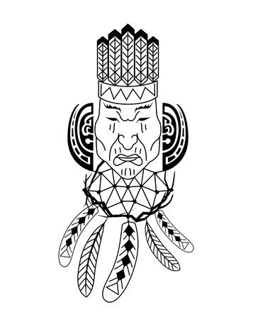 vector illustration aztec mayan tattoo with indian face and feather.のイラスト素材