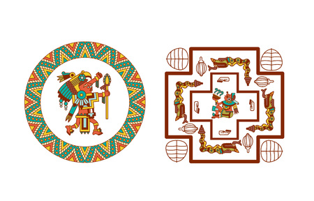 Vector illustration aztec cacao pattern for chocolate package design on brown, red, green, grey, yellow colors in white backdrop.のイラスト素材