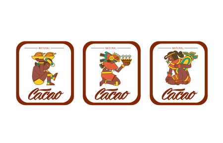 Vector illustration aztec cacao pattern for chocolate package design on brown, red, green, grey, yellow colors in white backdrop.のイラスト素材