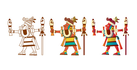 Vector illustration aztec cacao pattern for chocolate package design on brown, red, green, grey, yellow colors in white backdrop.のイラスト素材