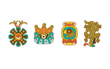 Vector illustration aztec cacao pattern for chocolate package design on brown, red, green, grey, yellow colors in white backdrop.のイラスト素材