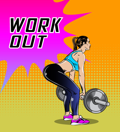 Vector illustration sport girl in style of comic book make a fitness exercises with decorate text.のイラスト素材