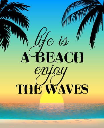 Vector illustration summer time poster with decorate letters, sunset and palm trees.のイラスト素材