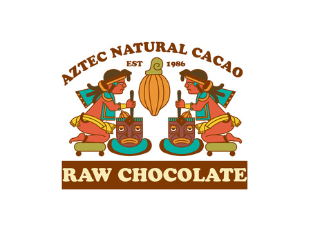 Vector illustration aztec cacao pattern for chocolate package design on brown, red, green, grey, yellow colors in white backdrop.のイラスト素材