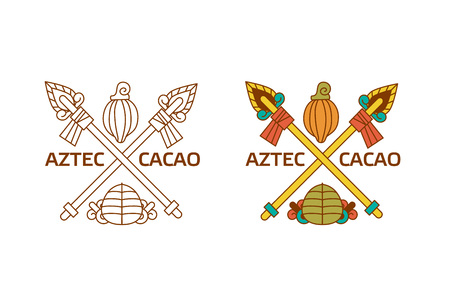 Vector illustration aztec cacao pattern for chocolate package design on brown, red, green, grey, yellow colors in white backdrop.のイラスト素材