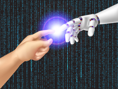 Vector illustration a robotic and human hands.のイラスト素材