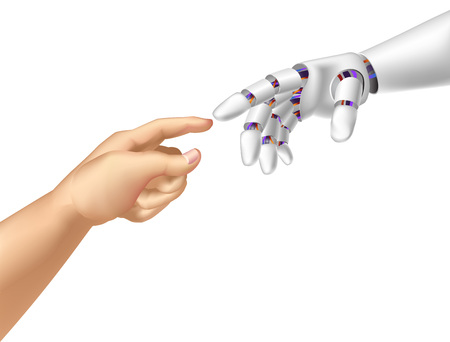 Vector illustration a robotic and human hands.のイラスト素材