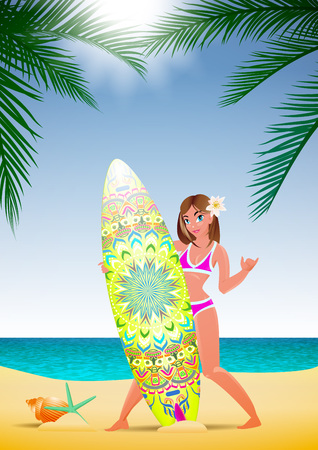 Vector illustration cartoon character with surfboard on white backdrop.のイラスト素材