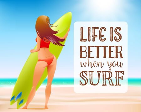 Vector illustration cartoon girl character in red bikini swimsuit with surfboard on sea background.のイラスト素材