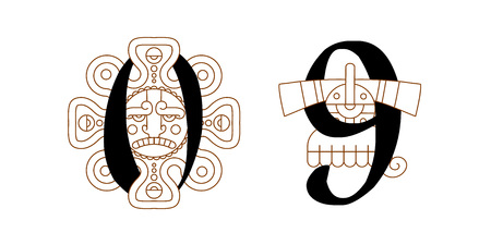 Illustration of aztec pattern collection with typographic elements for chocolate package design.のイラスト素材