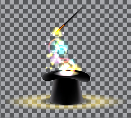 Vector illustration poster for a circus show with a black hat cylinder and magic wand with glowing light effects.のイラスト素材