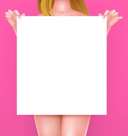 Vector illustration poster mock up design with girl keeps blank paper sheet.のイラスト素材