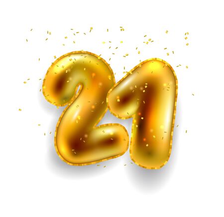 Vector illustration greeting card with a birthday for twenty-one years with figures in the form of gold balloons.のイラスト素材