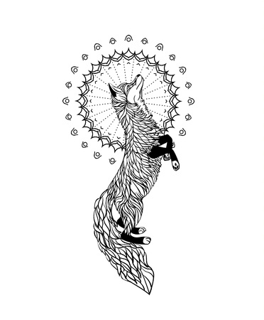 Vector illustration line art tattoo sketch with wild animal and mandala pattern.のイラスト素材