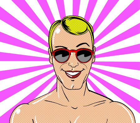 Young man character in vintage comic book style. Vector illustration.のイラスト素材