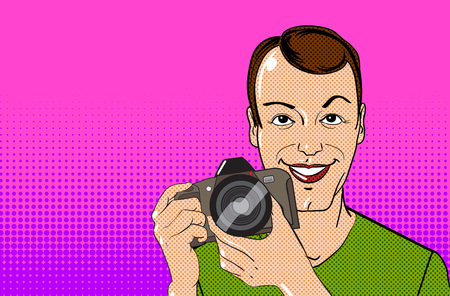 Young man character with photo camera in vintage comic book style. Vector illustration.のイラスト素材