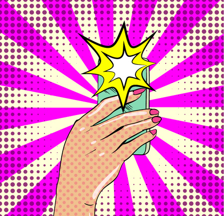 Young girl character in vintage comic book style with mobile device in her hand. Vector illustration.のイラスト素材