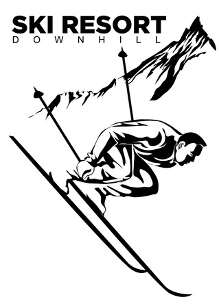Ski resort poster with black and white character. Vector illustration.のイラスト素材
