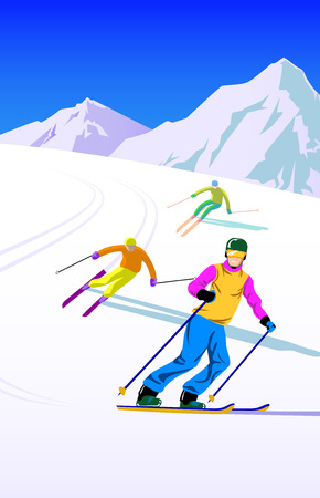 Vector illustration ski recreation cartoon style poster design.のイラスト素材