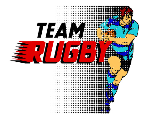 Sport poster with stylized Rugby player and decorate text. Vector illustration.のイラスト素材