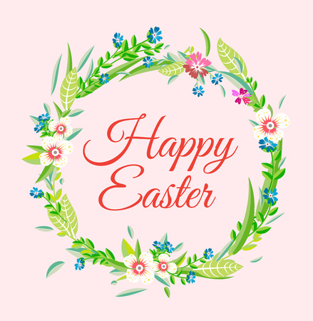 Easter poster with decorate text and flowers. Vector illustration.のイラスト素材