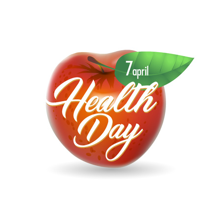World Health day poster with realistic apple fruit and text. Vector illustration.のイラスト素材