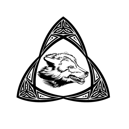 Tattoo design sketch with wolf head. Vector illustration.
